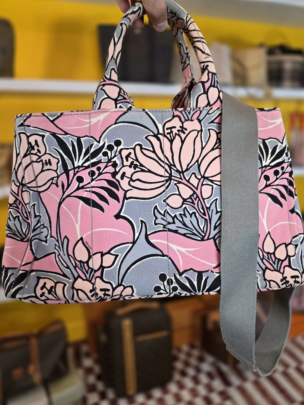 PRADA CANAPA Floral Pink Canvas Tote Bag with Gray Strap